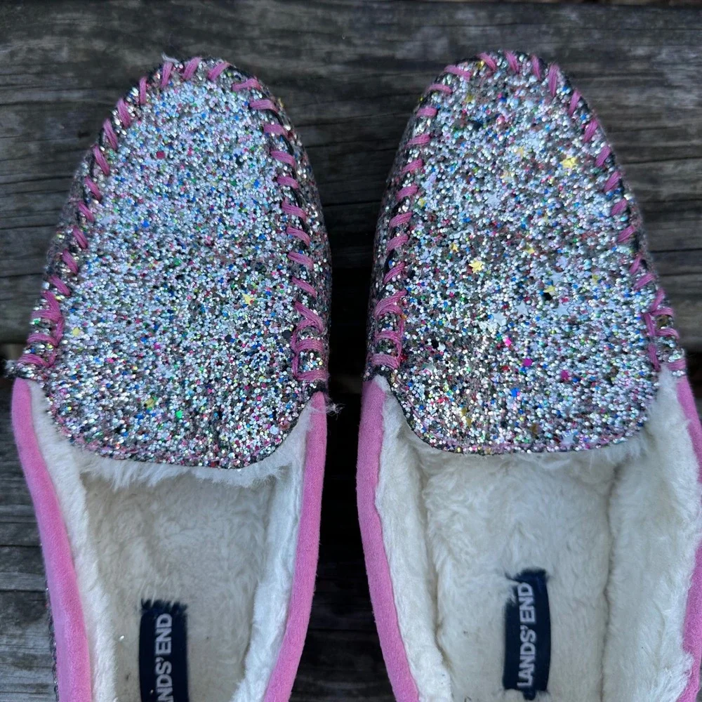 Lands End Girls Pink Glitter Faux Fur Moccasin‎ Slippers Multi Color Size 5